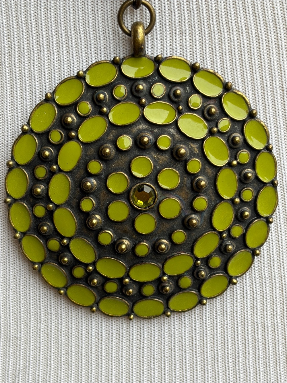 Round Lime Green Pendant Necklace on Antique Chain